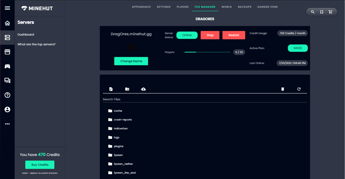 Dashboard do Minehut