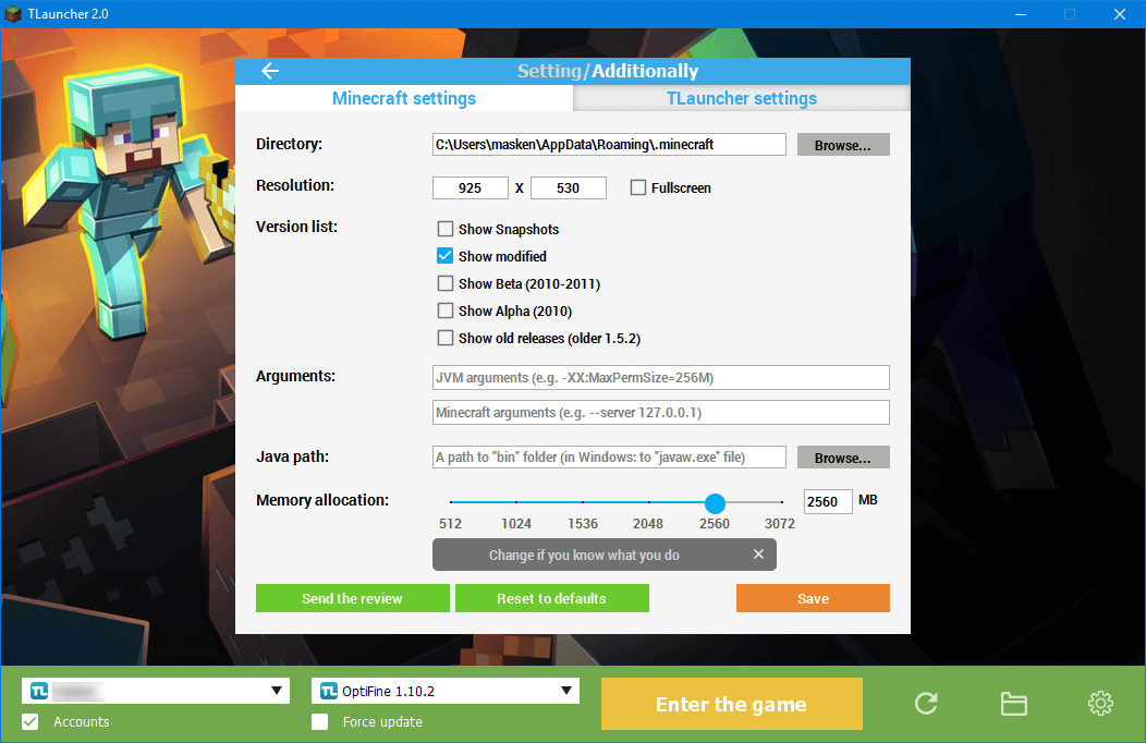 Configuração de conta no TLauncher
